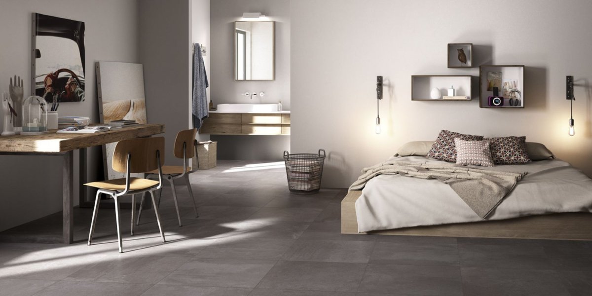 Спальня с серым полом