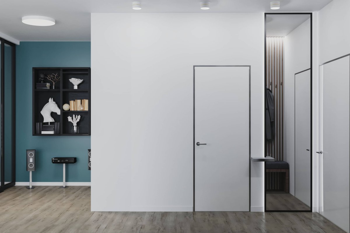 Светлые двери скрытого монтажа с черными ручками