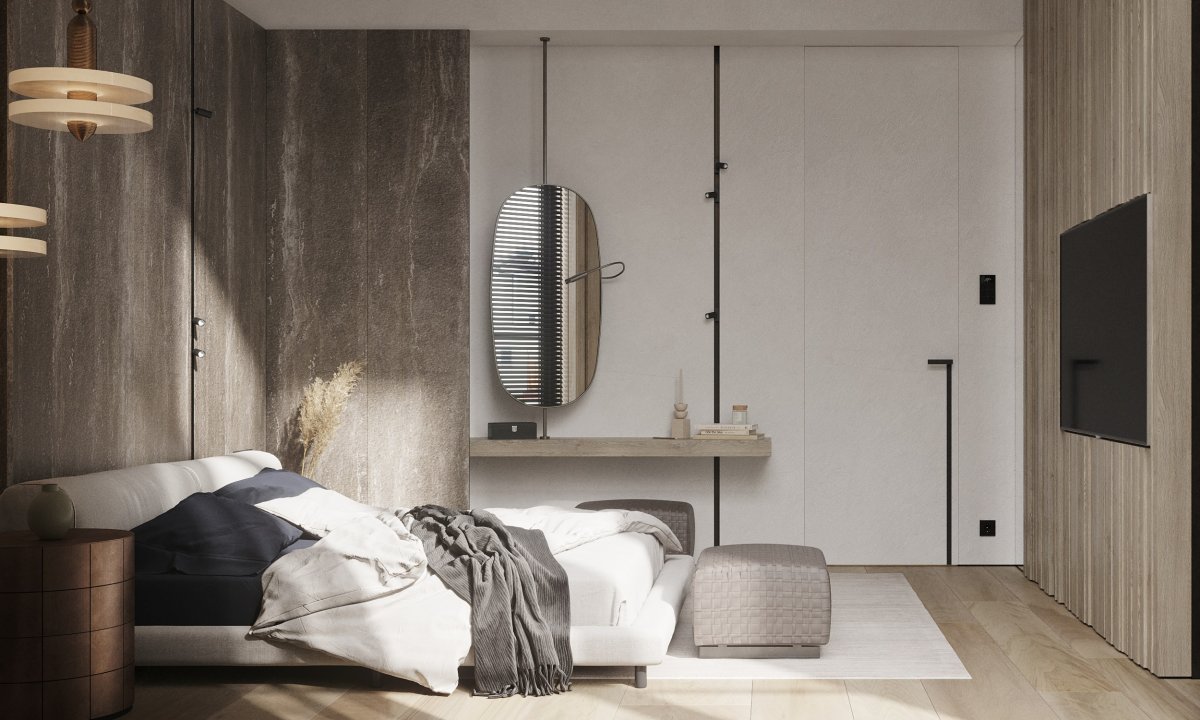Скрытые двери в интерьере спальни