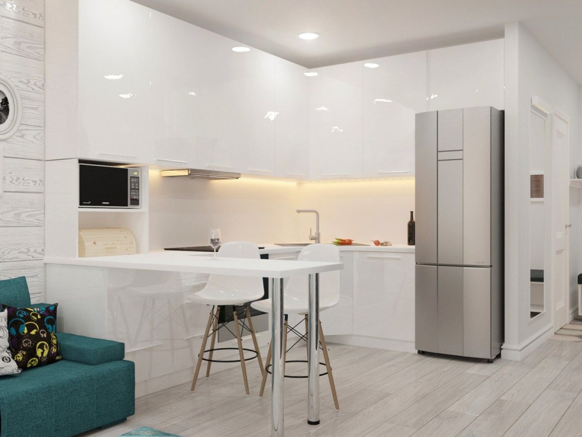 Белые угловые кухни гостиные в студии