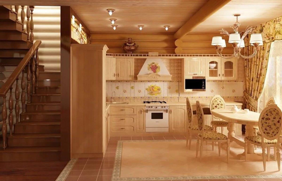 Интерьер кухни в доме из клееного бруса
