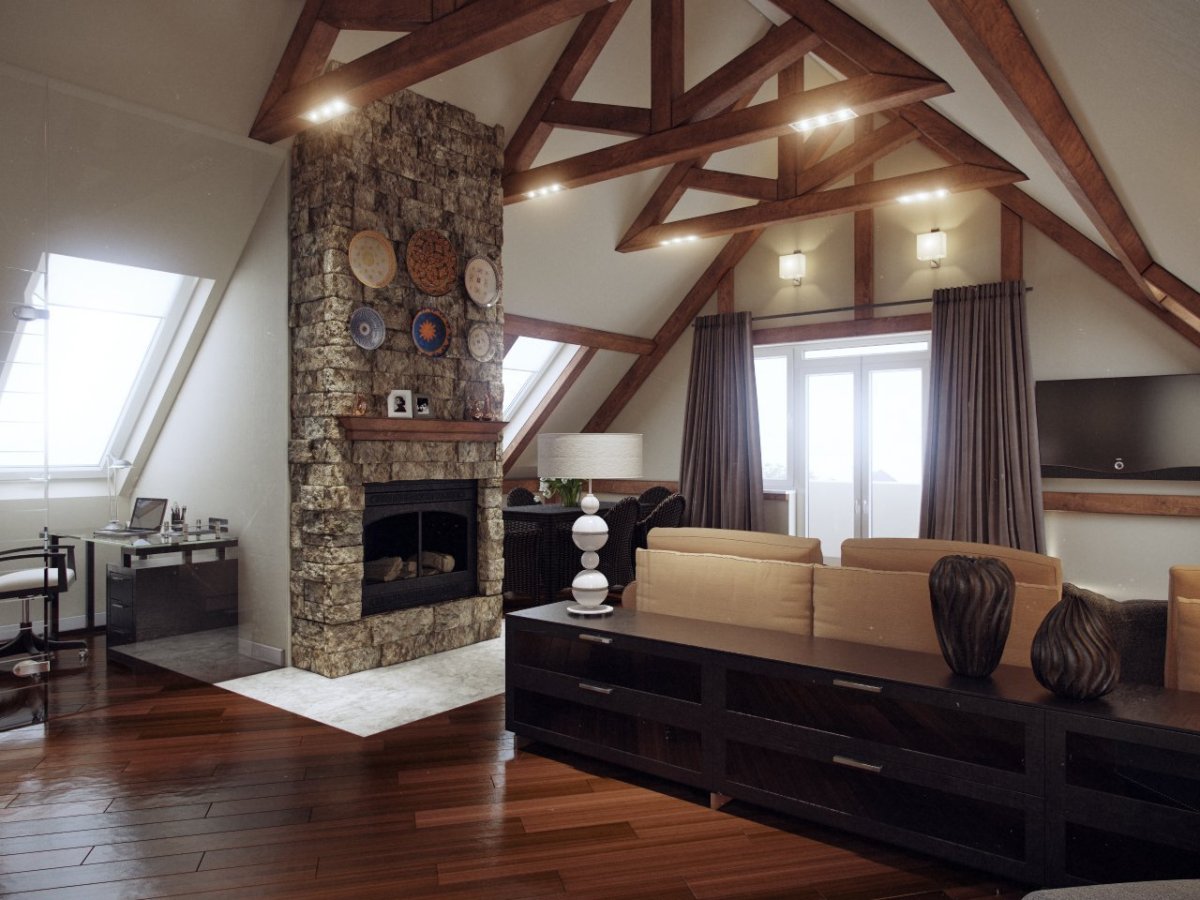 Современный камин в деревянном доме