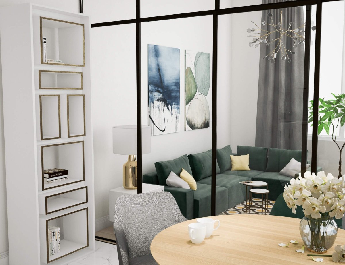 Стеклянная перегородка в интерьере зала