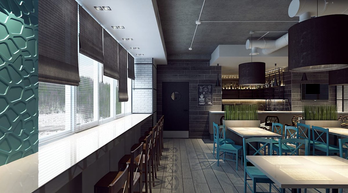 Серый интерьер кафе