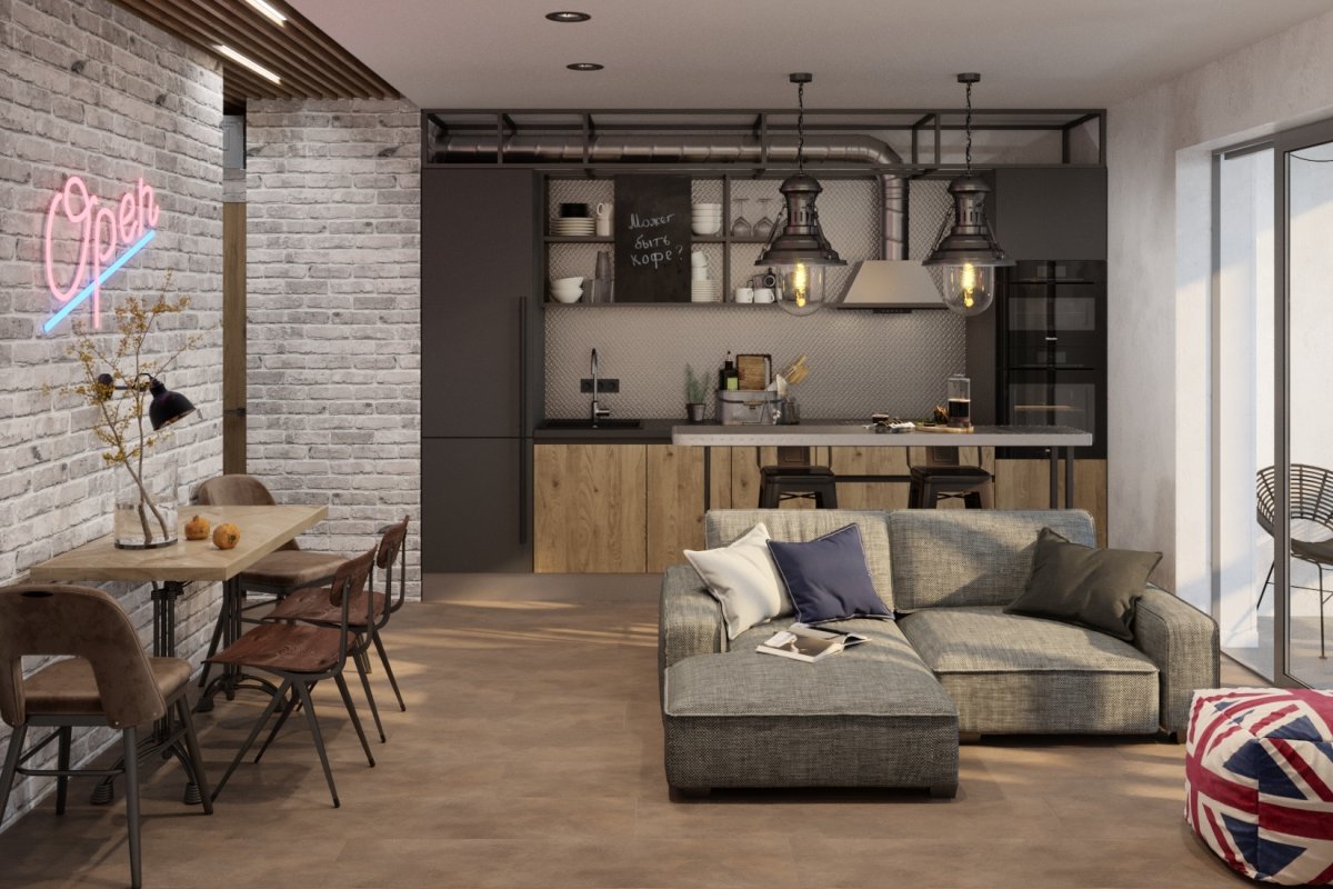 Интерьер лофт гостиная 15кв