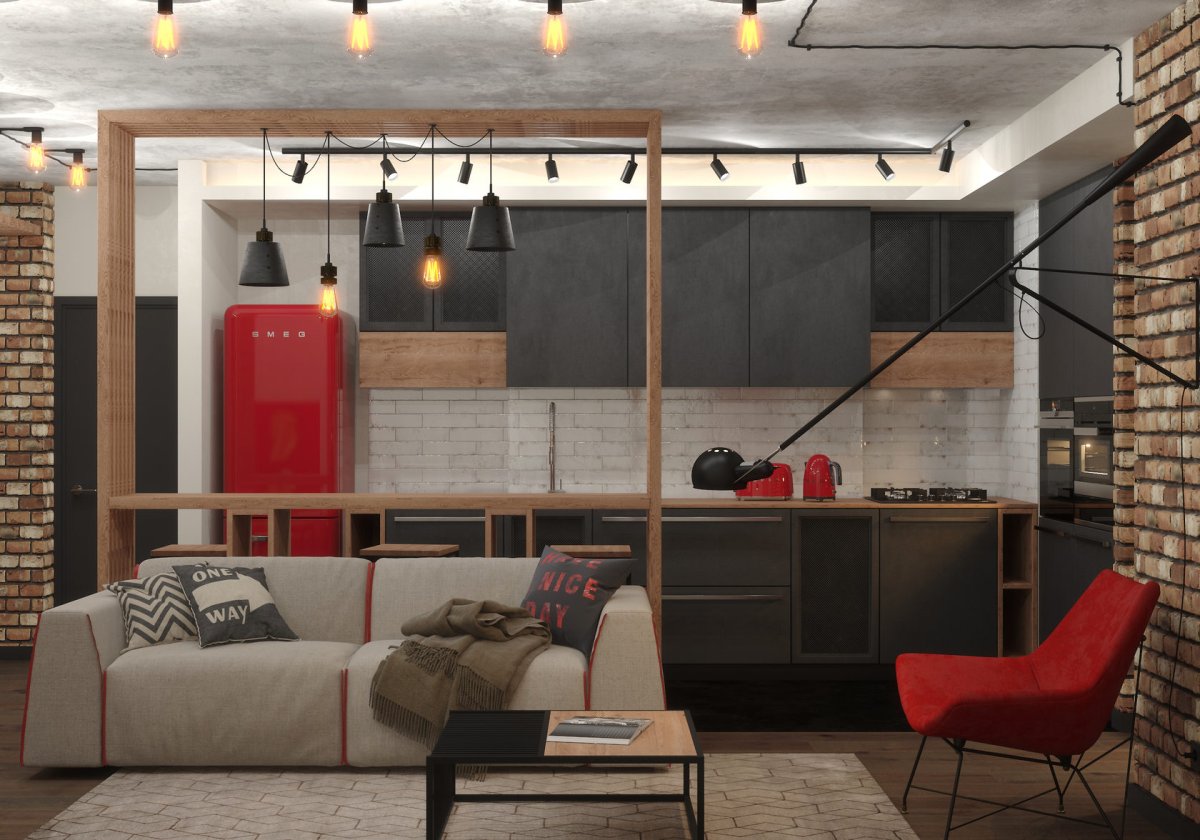 Интерьер гостинной комнаты 17 кв.м лофт