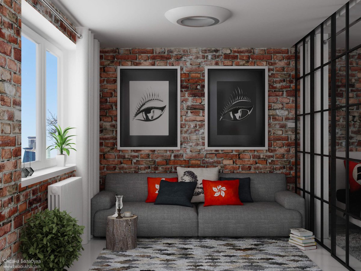 Гостиная в стиле лофт 17 кв