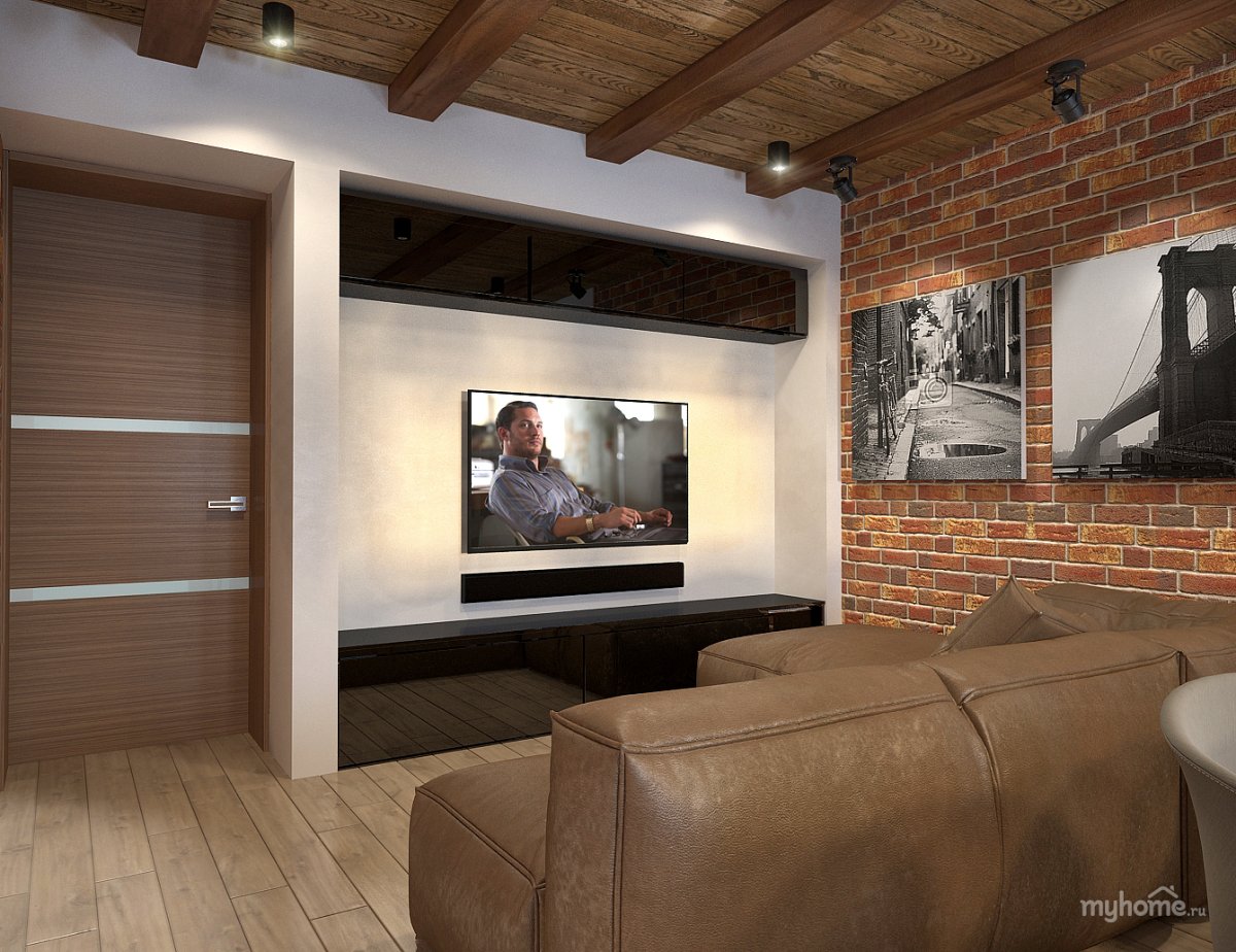 Зона телевизора в гостиной в стиле лофт