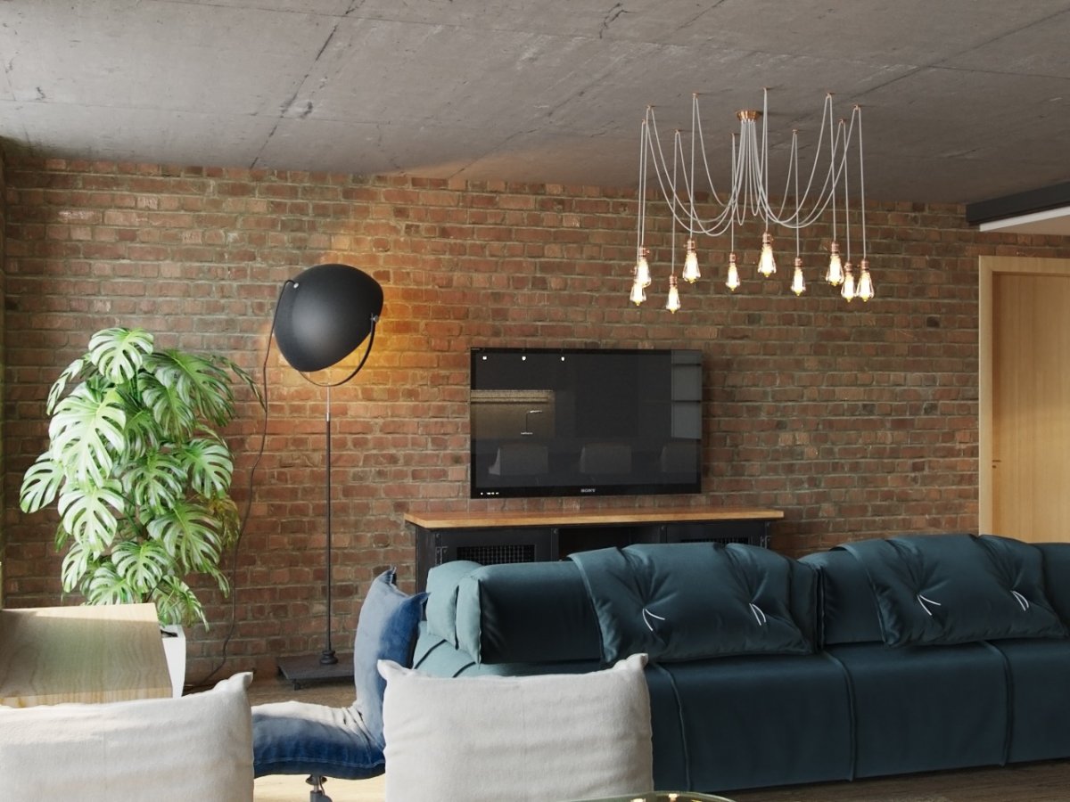 ТВ зона в стиле лофт в интерьере