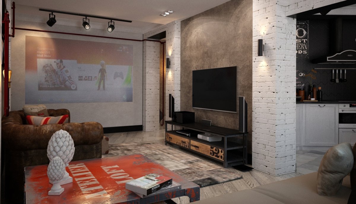Гостиная в стиле лофт с телевизором