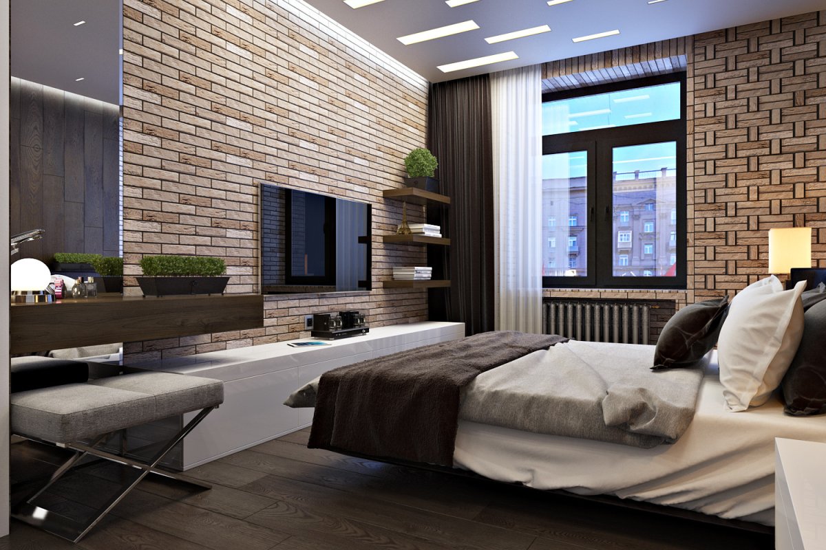 Спальня лофт с телевизором