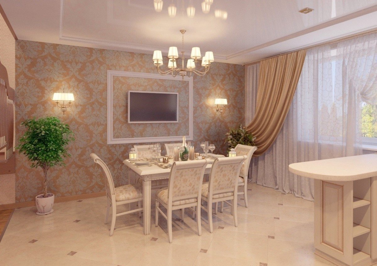 Классический интерьер гостиной-столовой