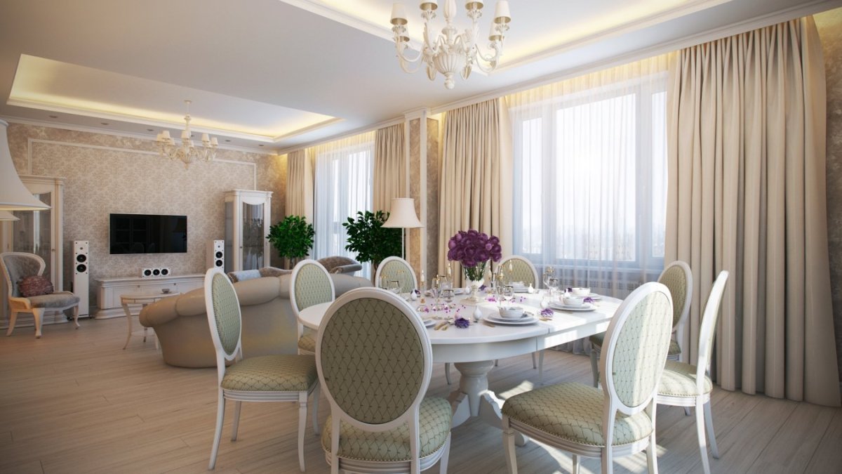 Интерьер светлой кухни столовой