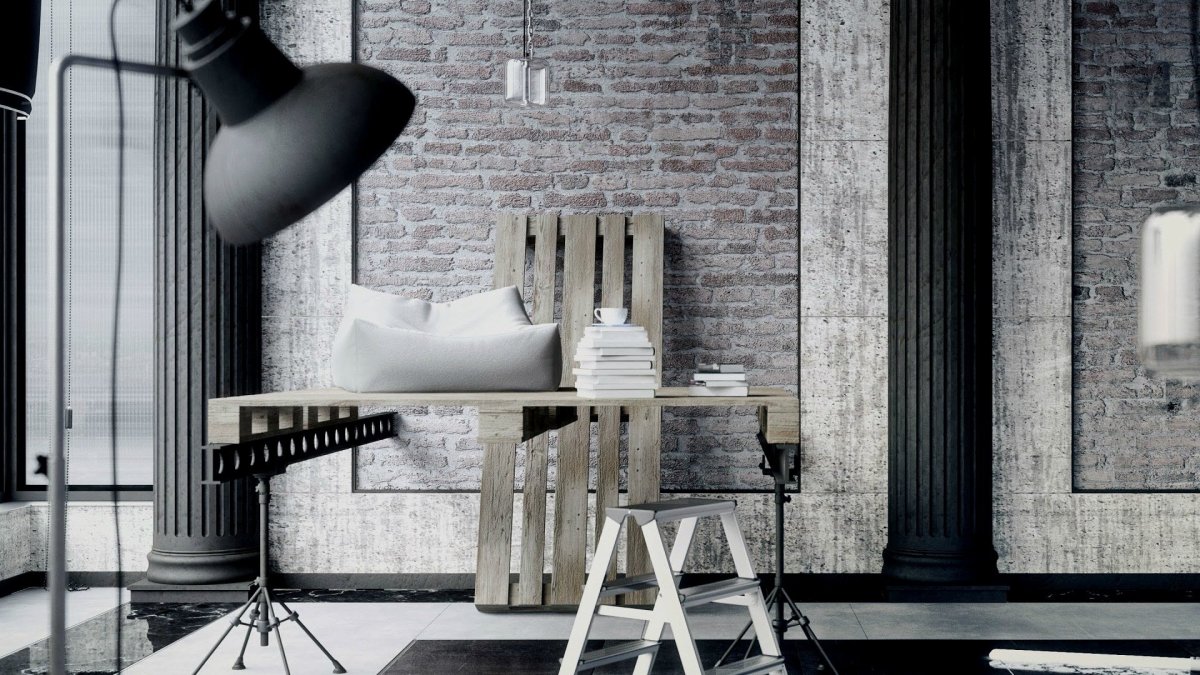 Офис в стиле лофт с красной кирпичной стеной