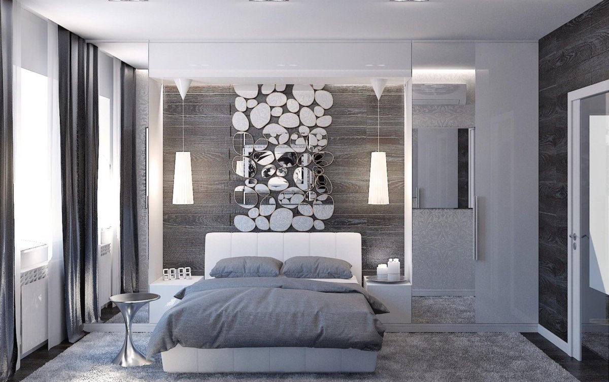 Серые шторы в интерьере спальни
