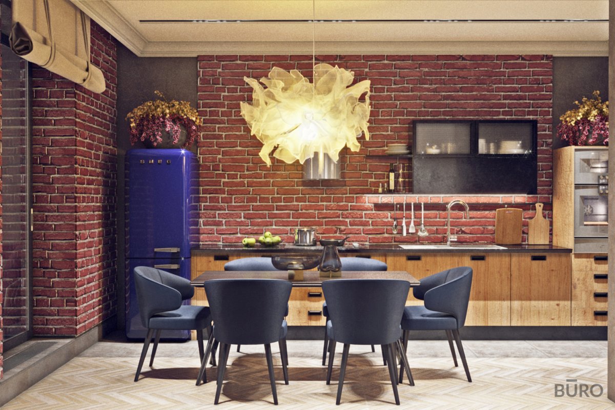 Столовая в стиле лофт с кирпичной стеной