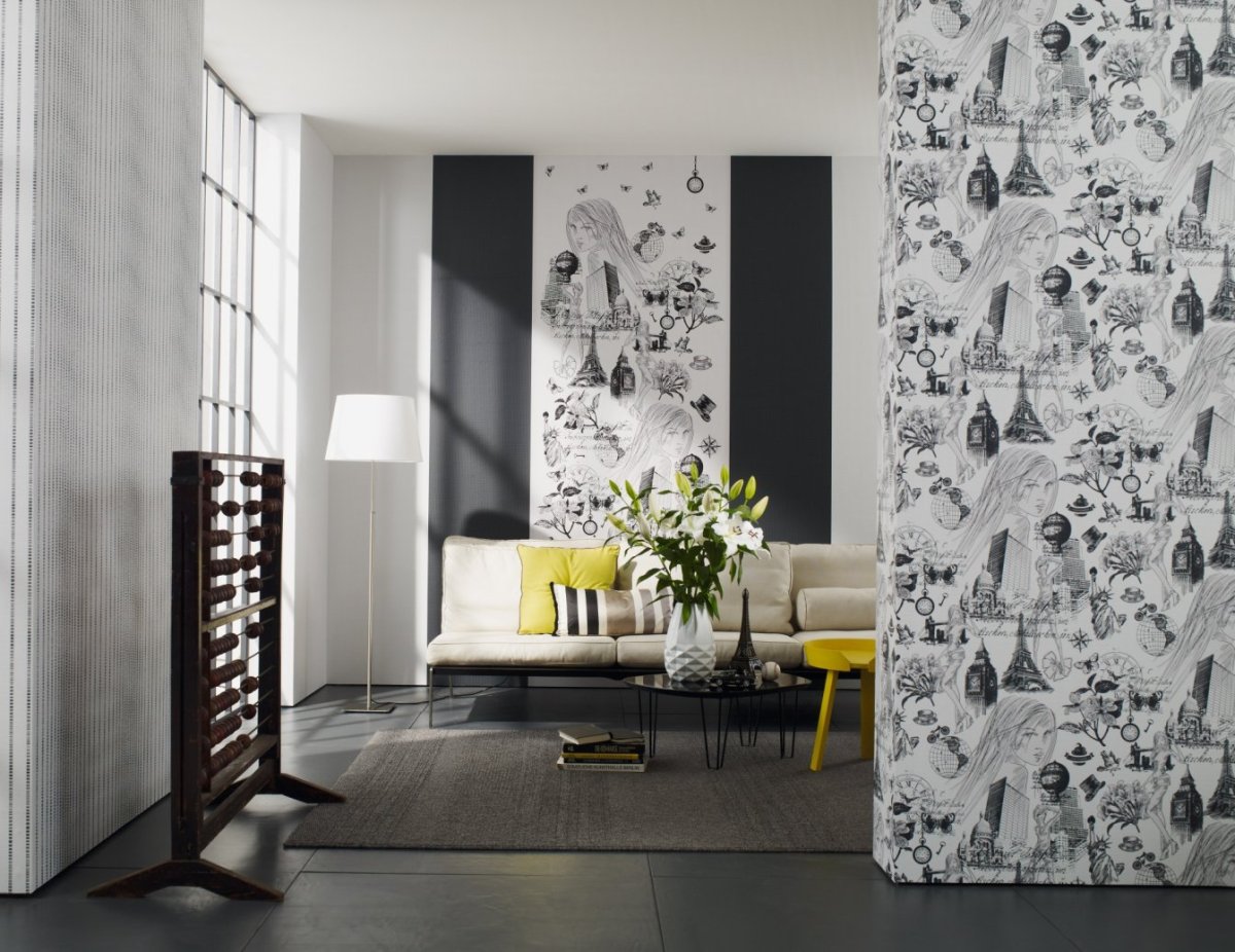 Черно-белые обои в интерьере гостиной