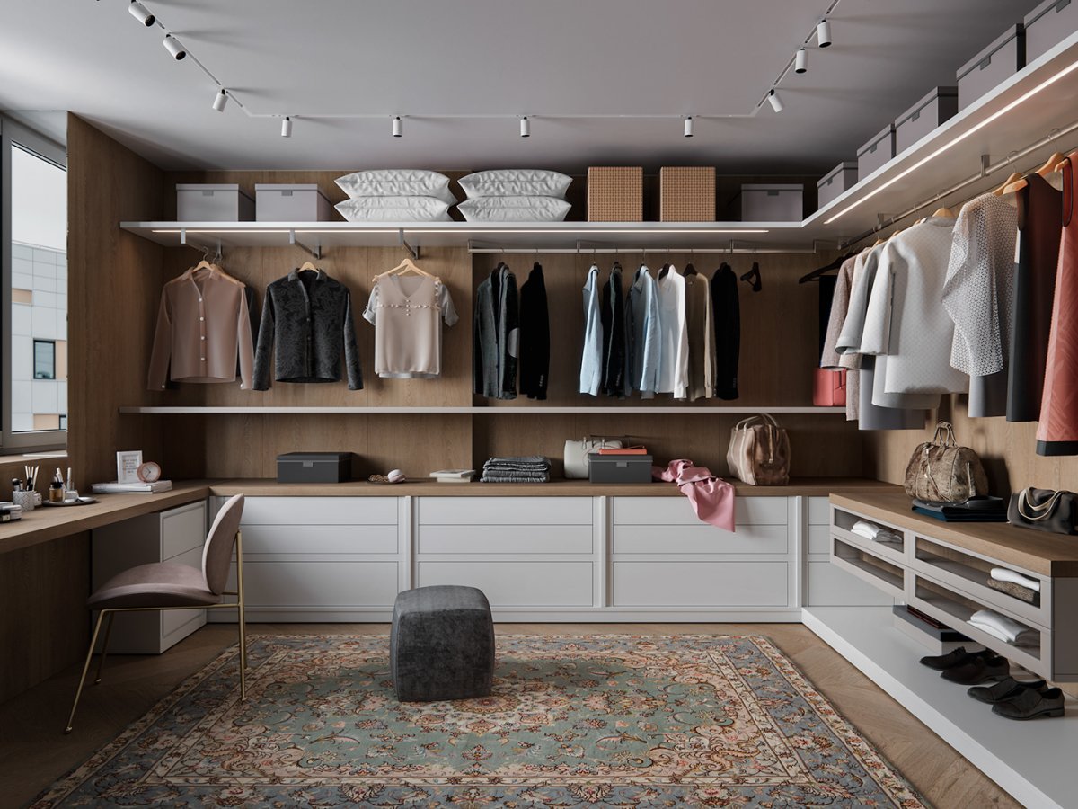 Гардеробная в спальне со шторой