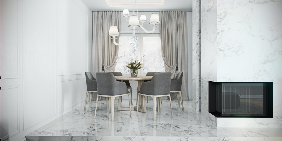 Гостиная с белым мрамором интерьер