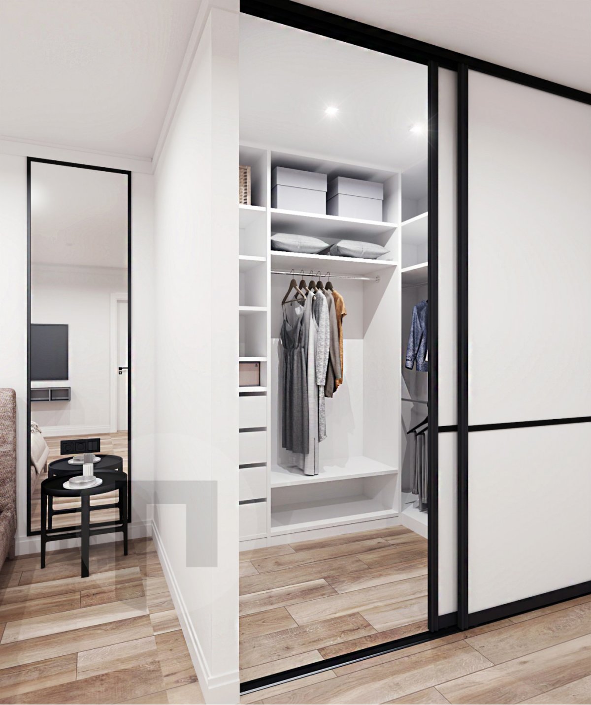 Откатная зеркальная дверь в гардеробную