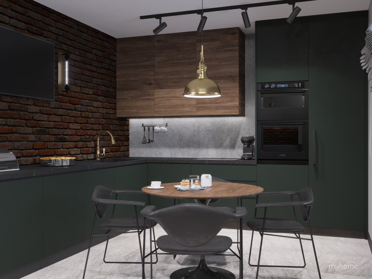 Кухня в стиле лофт изумрудный цвет