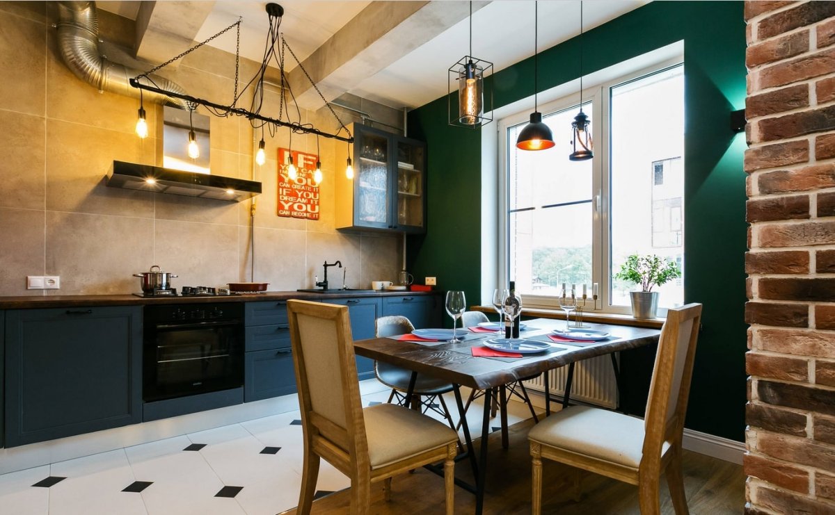 Зеленая кухня в стиле лофт