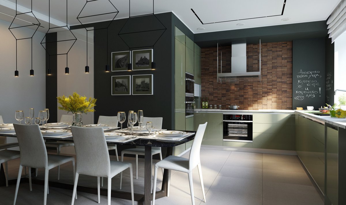 Кухня в стиле лофт в интерьере зеленая