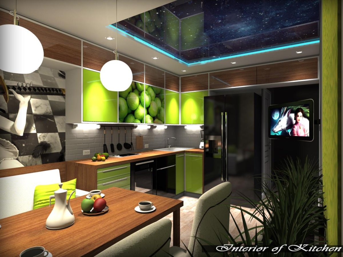 Зелёная кухня гостиная лофт