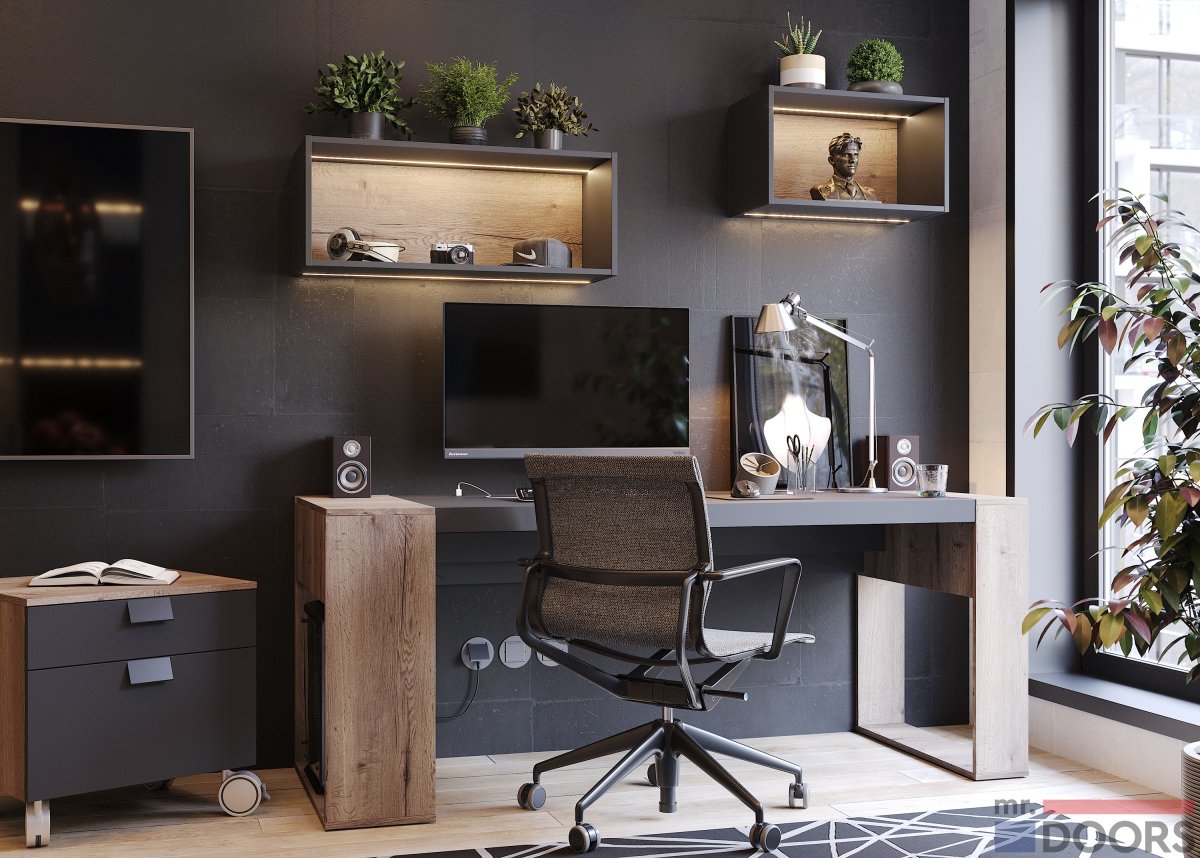 Home Office Desk and Library Gray Set - Office Furniture 286