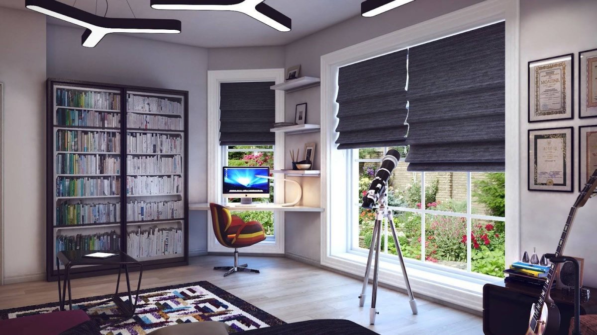 Римские шторы в эркере лофт стиль