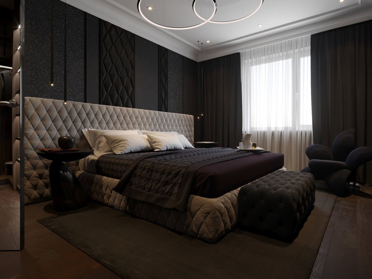 Темные обои в интерьере спальни