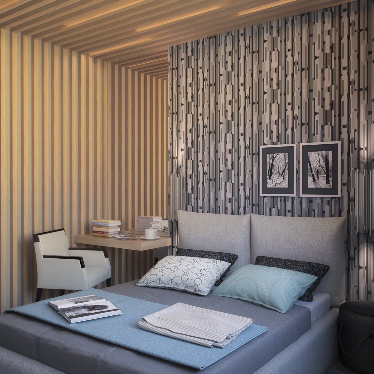 Деревянные рейки в спальне