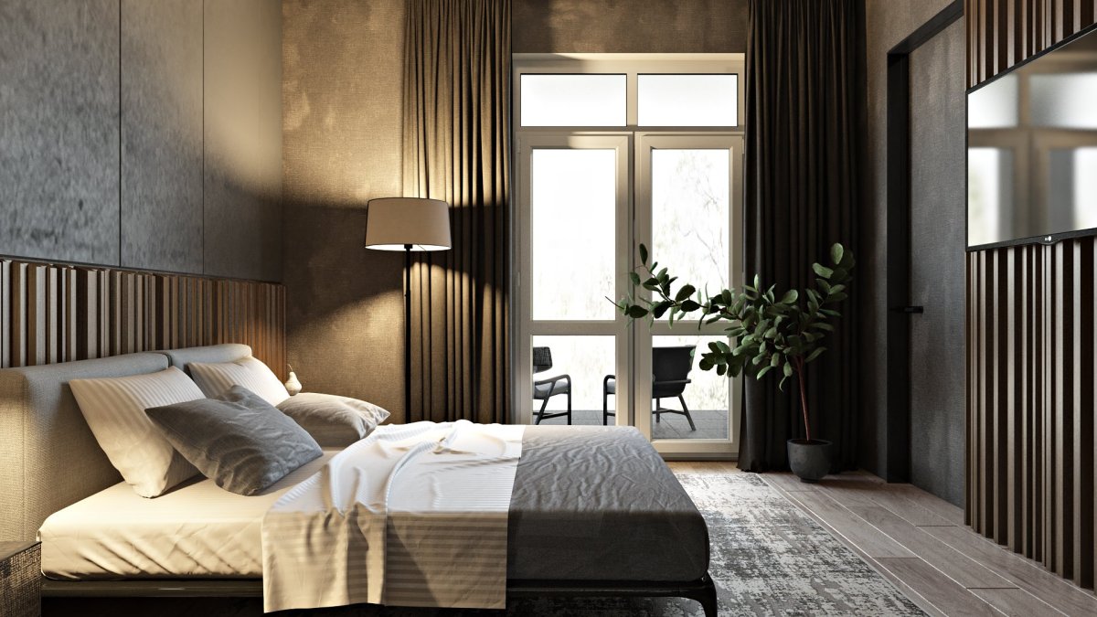 Деревянные рейки в спальне