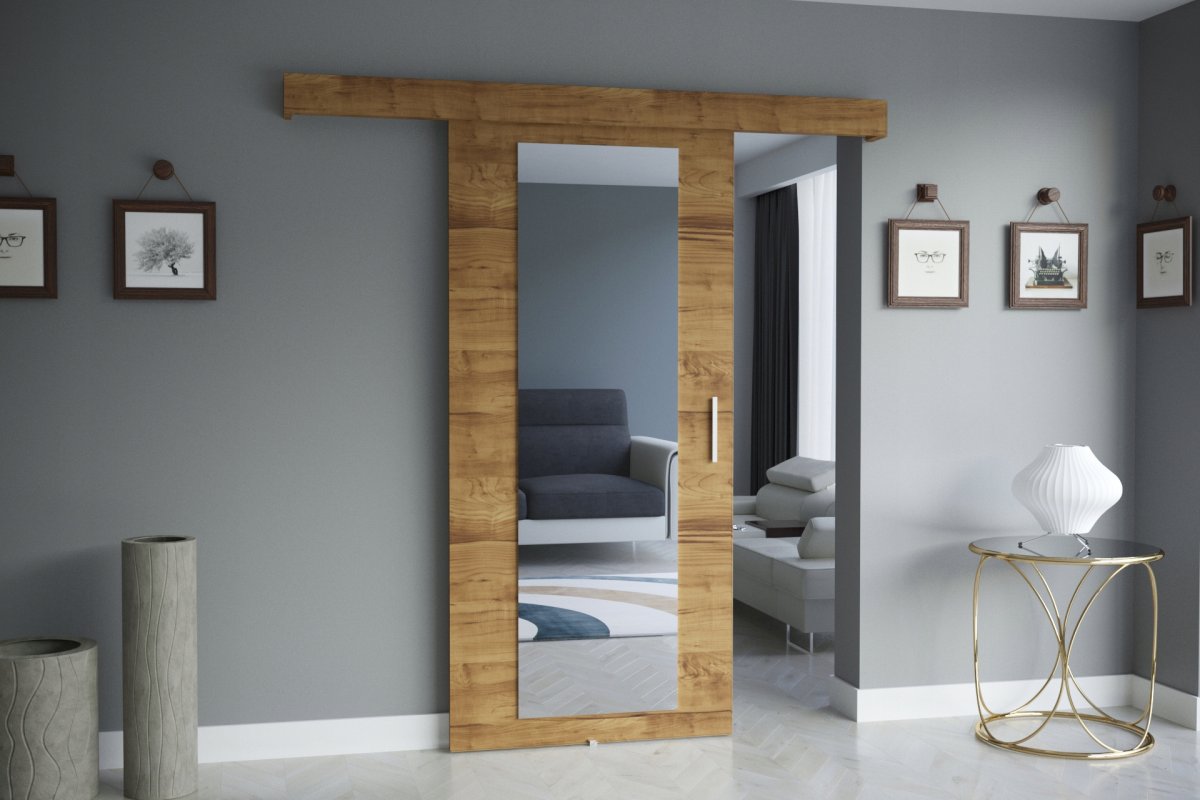 Откатная дверь с зеркалом напротив столового стола