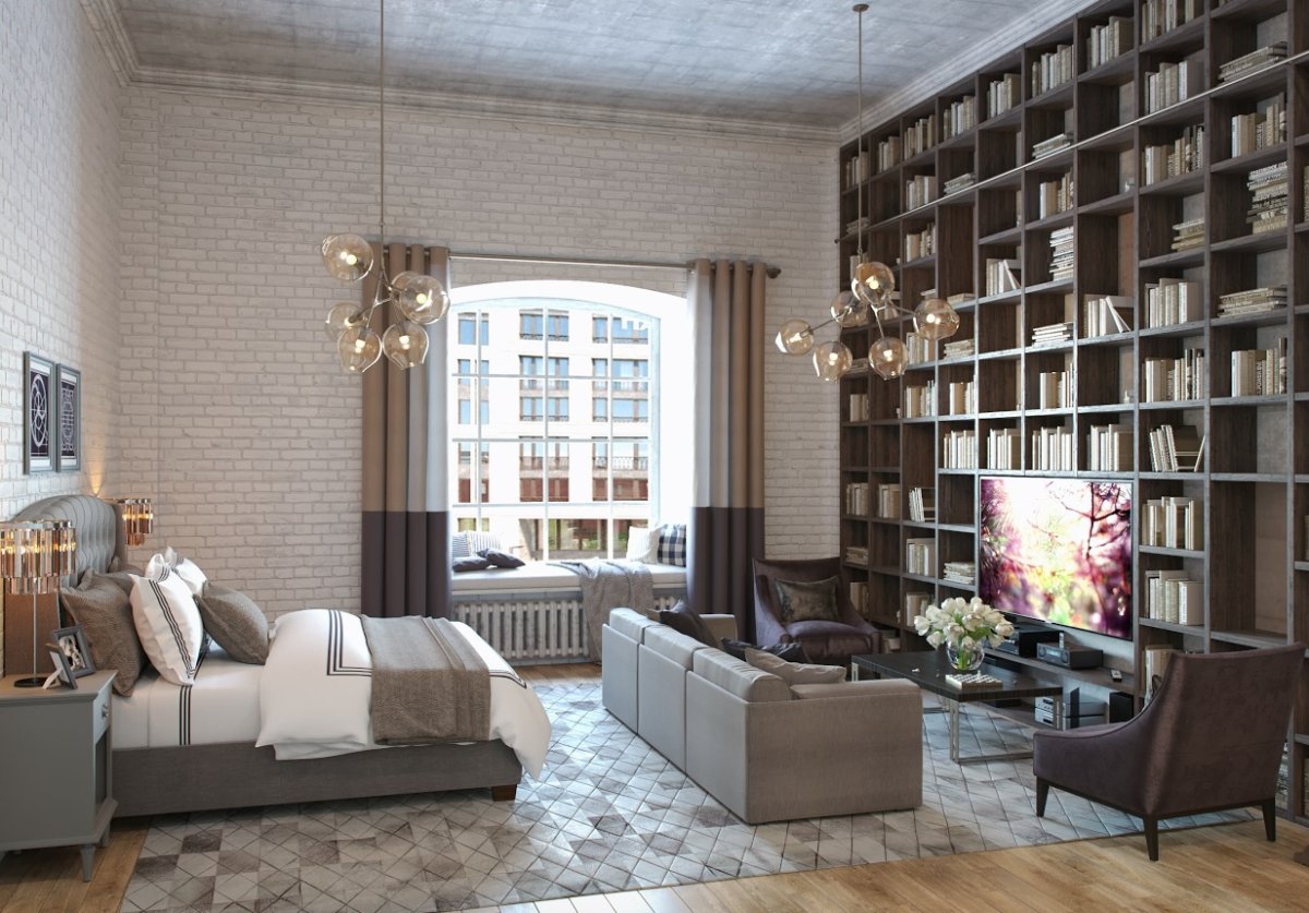 Гостиная-библиотека в стиле лофт