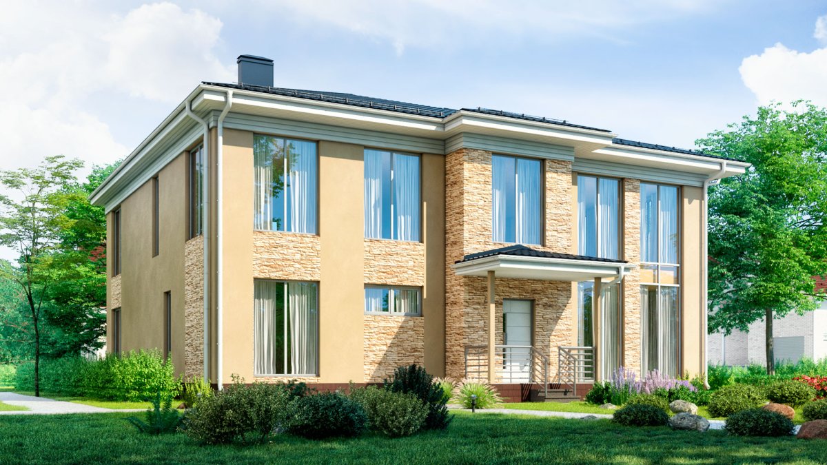 Фасад квадратного двухэтажного дома