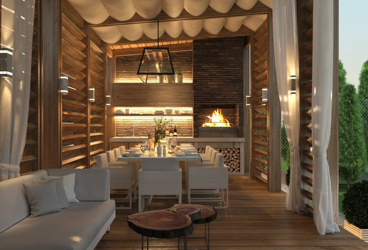 Внутренняя отделка беседки с барбекю