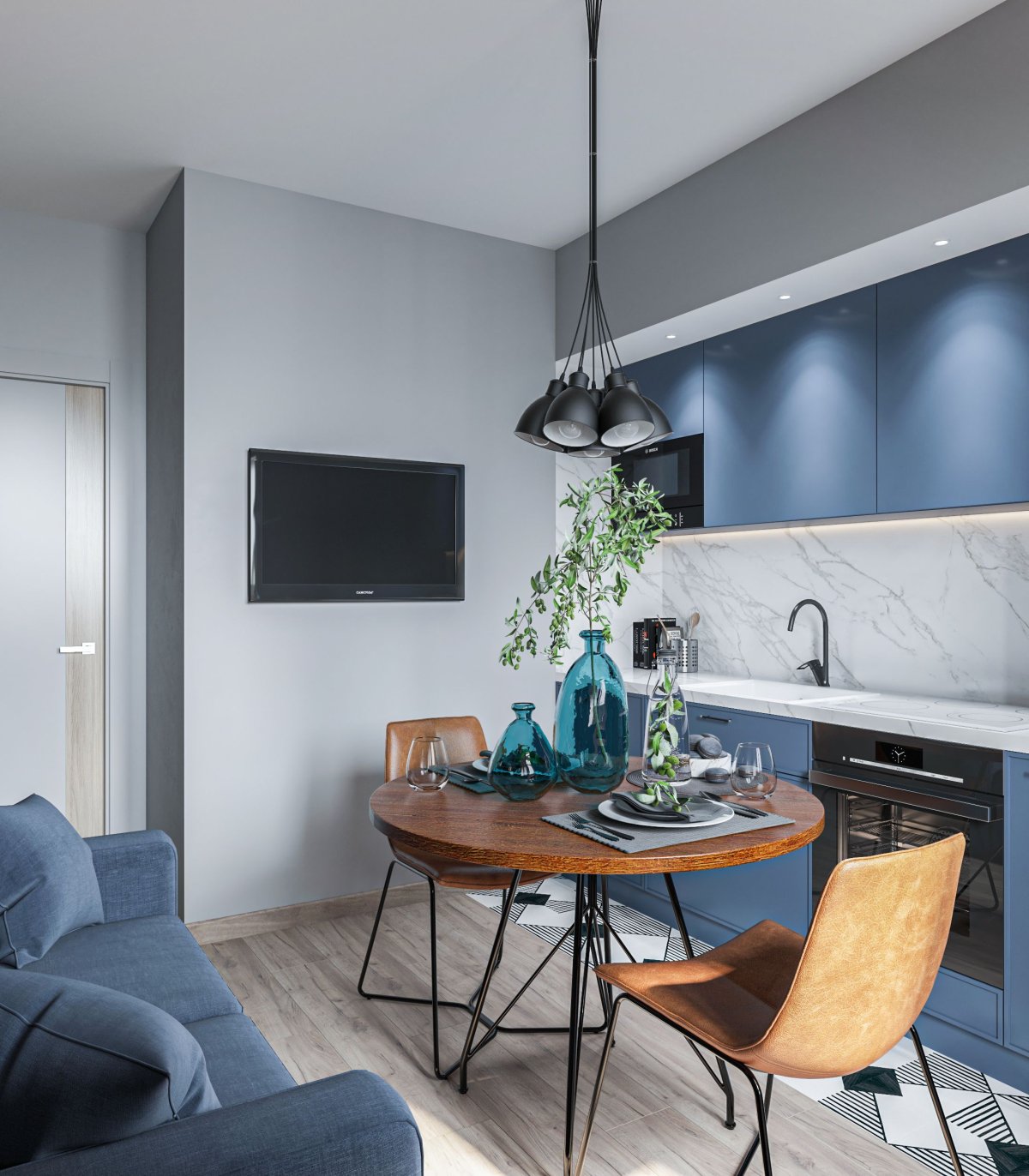 Синяя кухня с деревянной столешницей в интерьере лофт