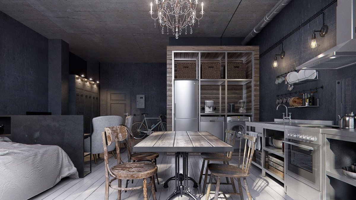 Серая кухня с кирпичной стеной