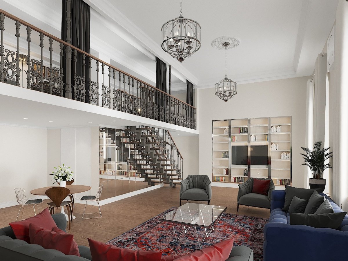 Интерьер с высокими потолками