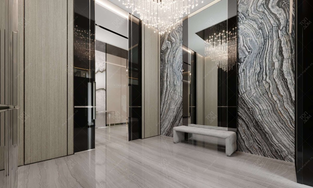 Обои под мрамор в интерьере прихожей