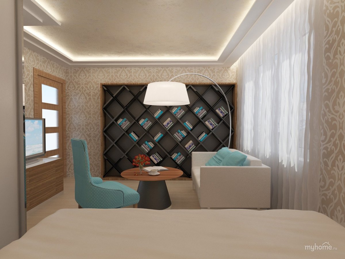 Спальня в лиловых тонах с перегородкой