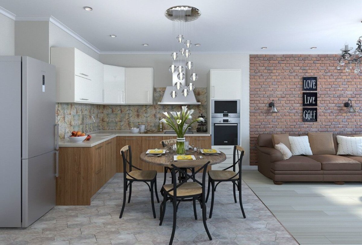 Плитка и ламинат в кухне гостиной