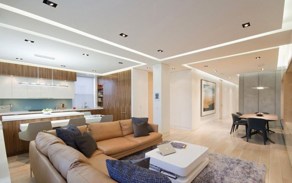 Многоуровневый потолок в кухне гостиной