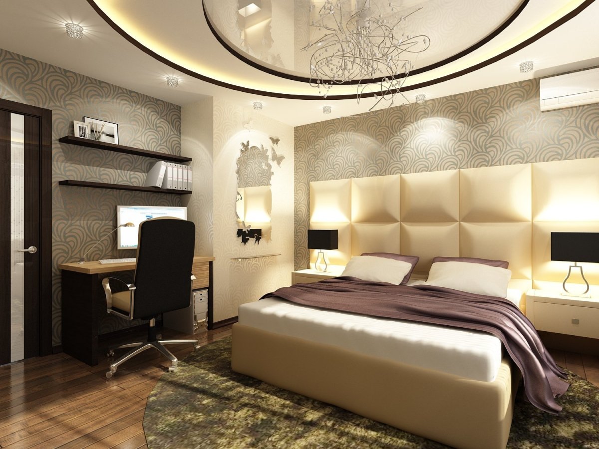 Сиреневый натяжной потолок в спальне