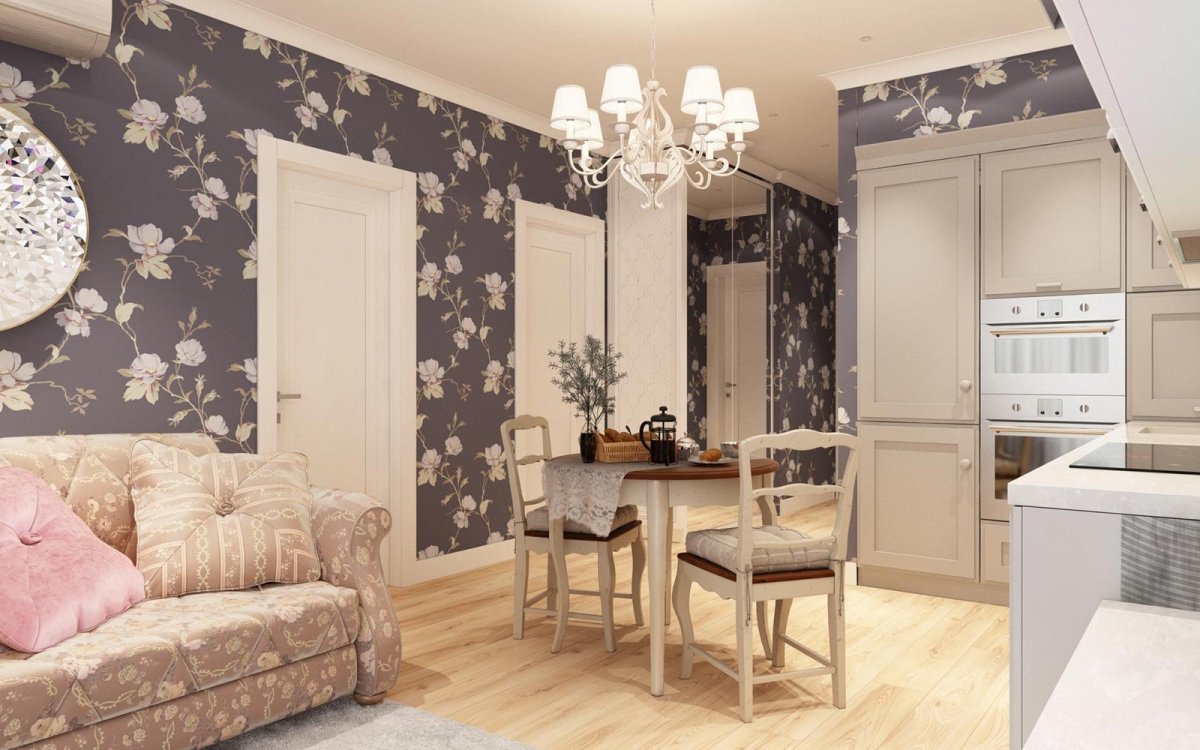 Обои с вензелями в интерьере кухни гостиной