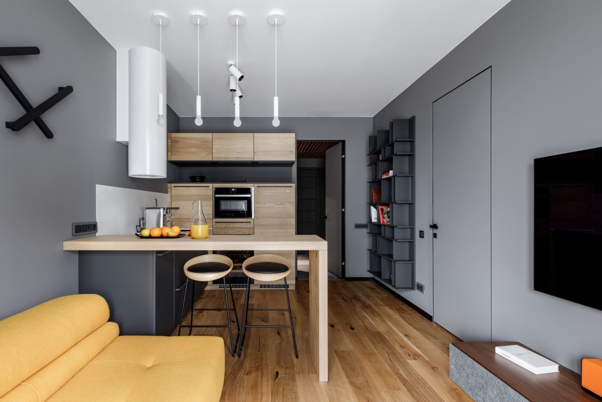 Современная маленькая кухня гостиная
