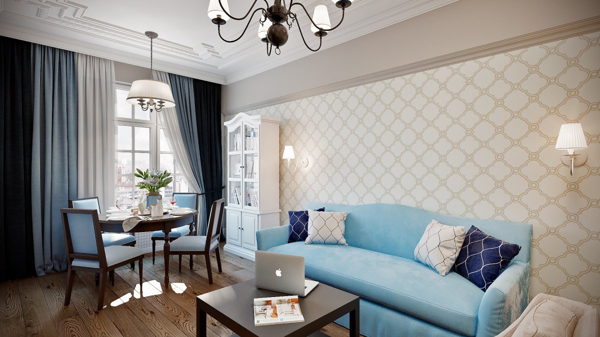 Гостиная в сине бежевых тонах