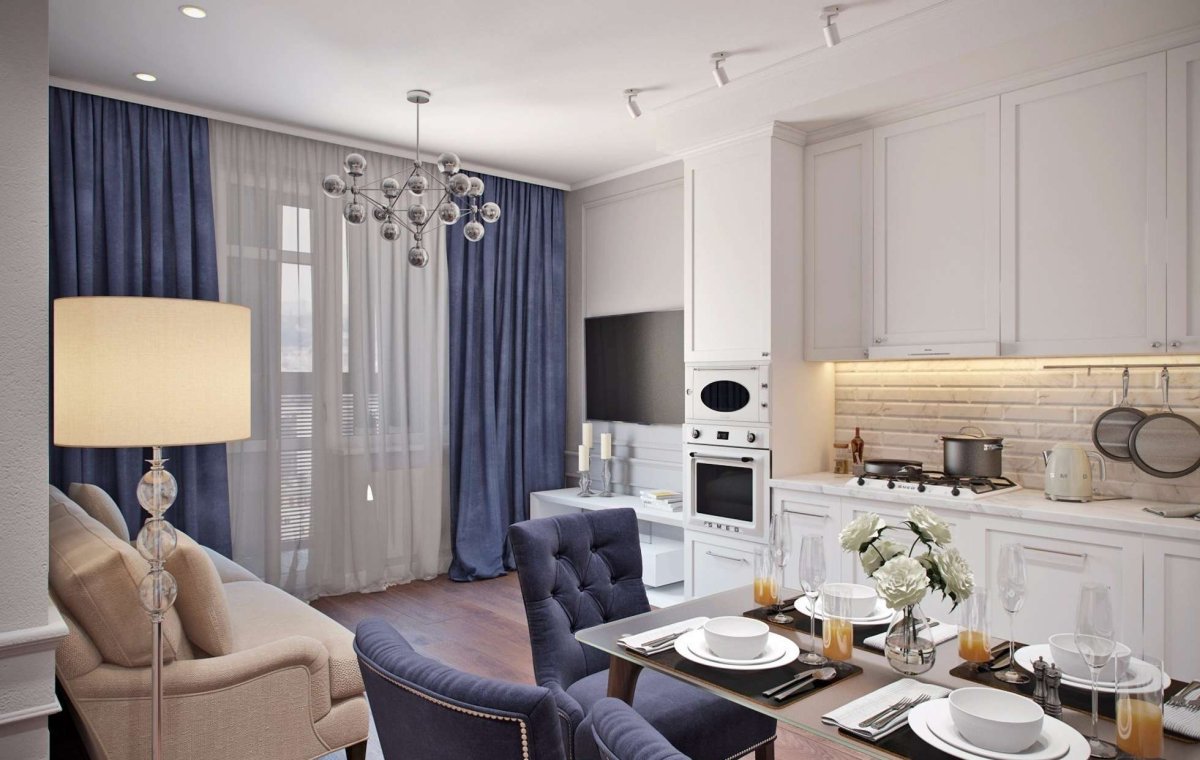 Кухня гостиная 40 кв Неоклассика