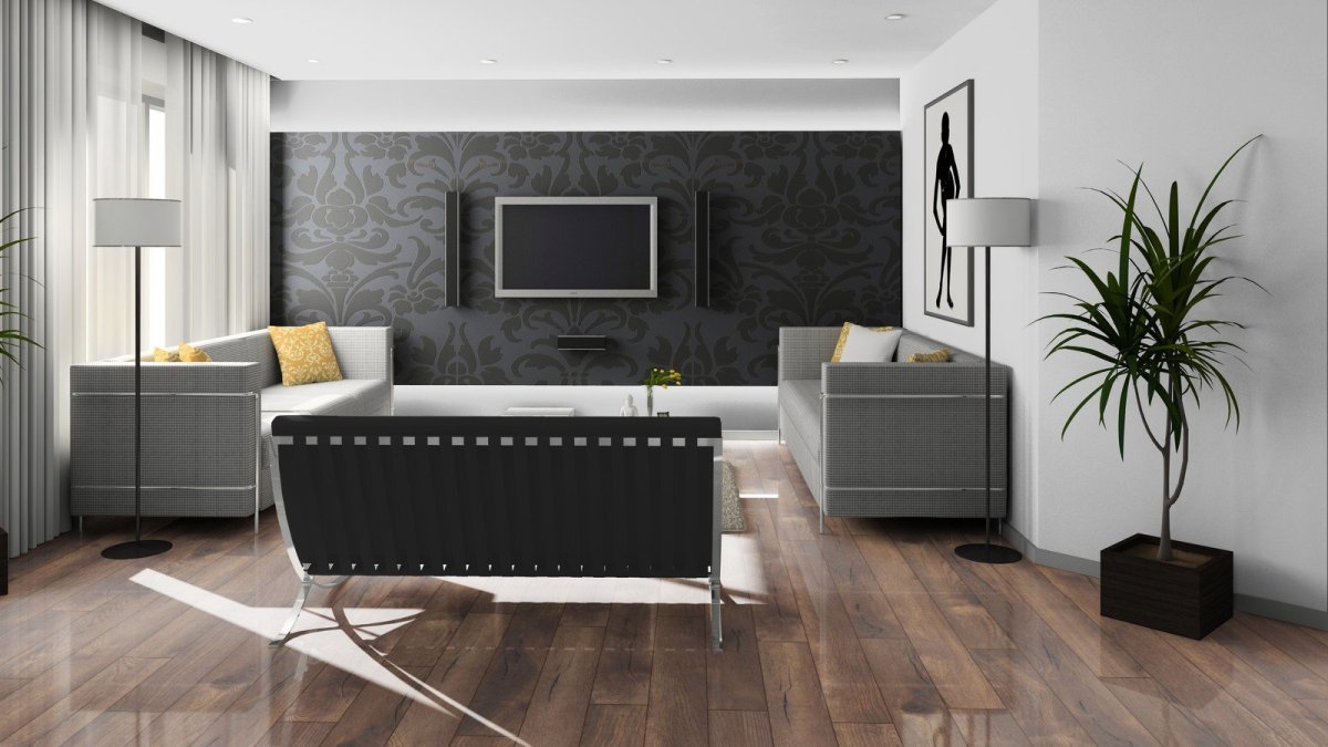 Серый ламинат и обои в интерьере
